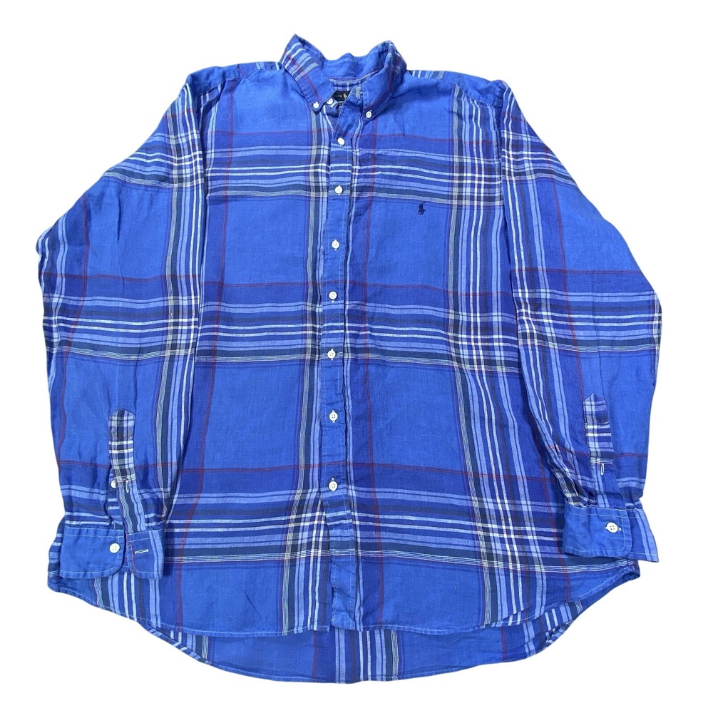 Ralph Lauren Linen Shirt Men 2XLT Blue Plaid Striped Classic Untucked Fit Summer
